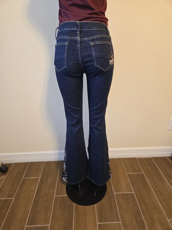 DRIFTWOOD Dark Blue Flare Jeans with Embroidered Panels - Picture 2 of 5